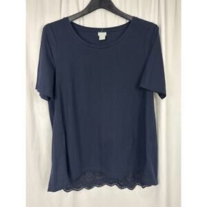 Chico's Embroidery Eyelet Lace Back Navy Short Sleeve Tunic Top Cotton Size 1/ M